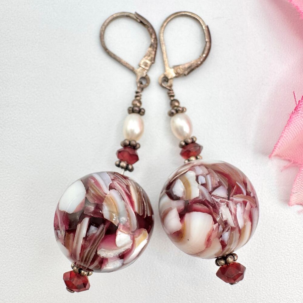 Crushed Shell Mosaic Art Glass Bead Earrings With Pearls 925 Stamped Leverbacks